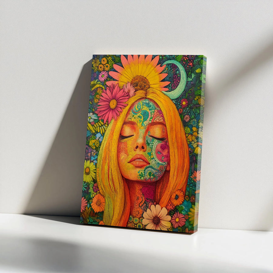 Psychedelic Floral Woman Canvas Print | Bohemian Flower Child Portrait | Premium Gallery Wrapped Canvas | Trippy Boho Chic Wall Decor Gift