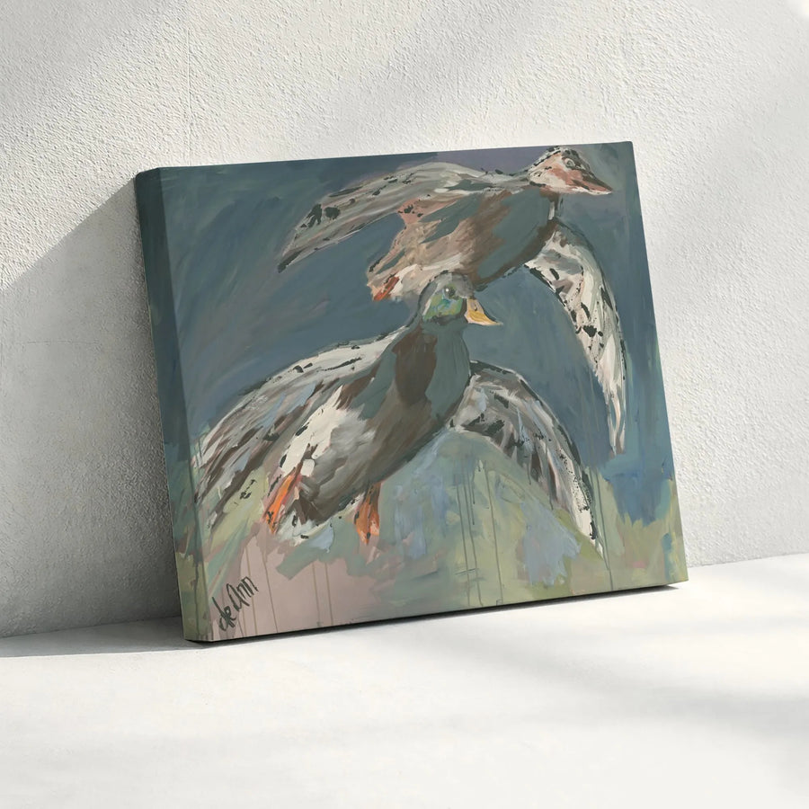 Flying Ducks Canvas Wall Art | Modern Impressionist Mallard Painting | Premium 1.25" Thick Gallery Canvas | Gift for Hunter, Rustic Cabin Decor