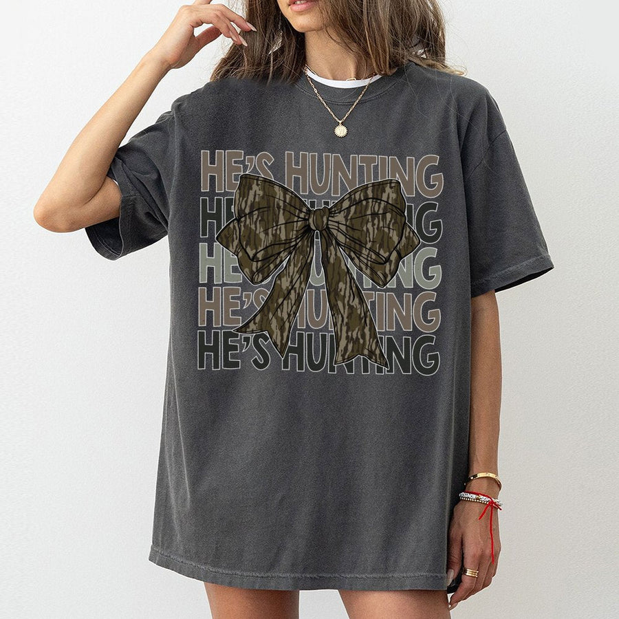 He's Hunting Camo Bow T-Shirt | Coquette Aesthetic Hunting Season Tee | Premium Soft Cotton | Funny Country Girl Gift For Her