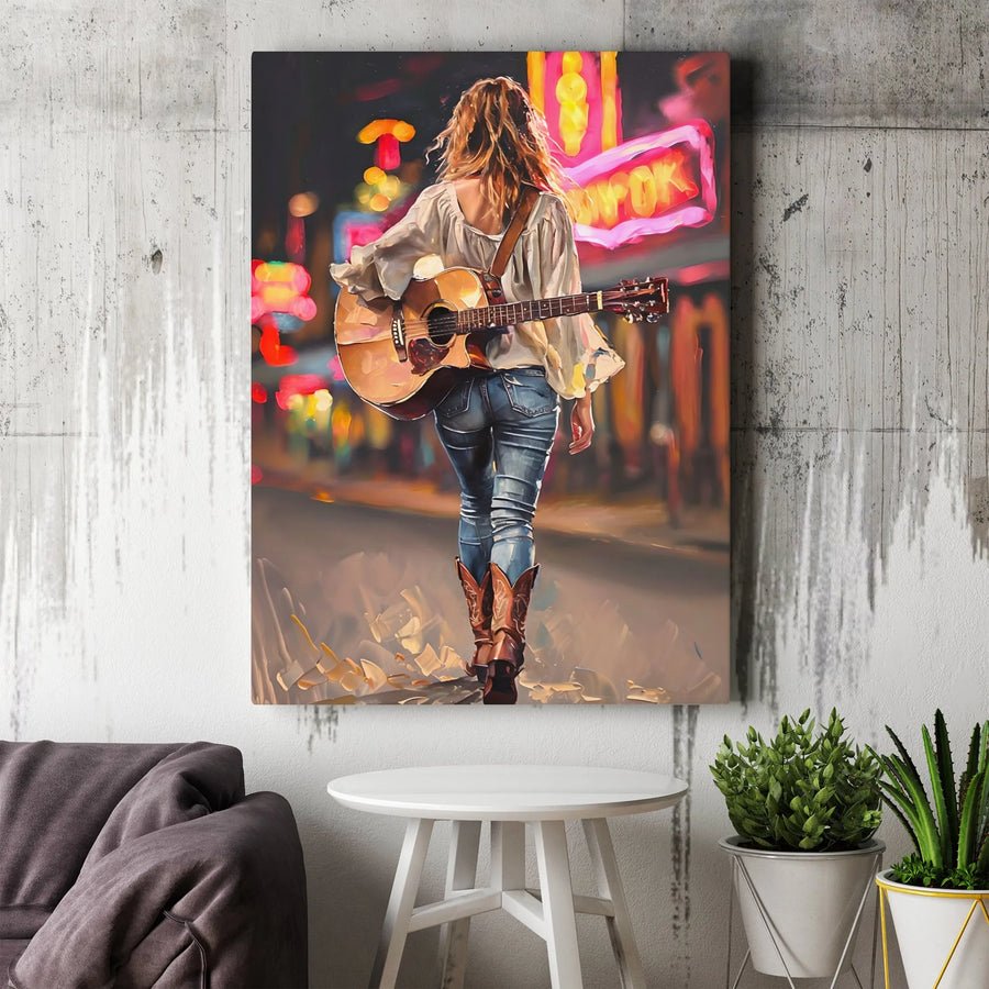 Country Music Canvas Print | Nashville Street Scene with Female Guitarist | Premium Gallery Wrapped Canvas | Western Home Decor for Music Lovers