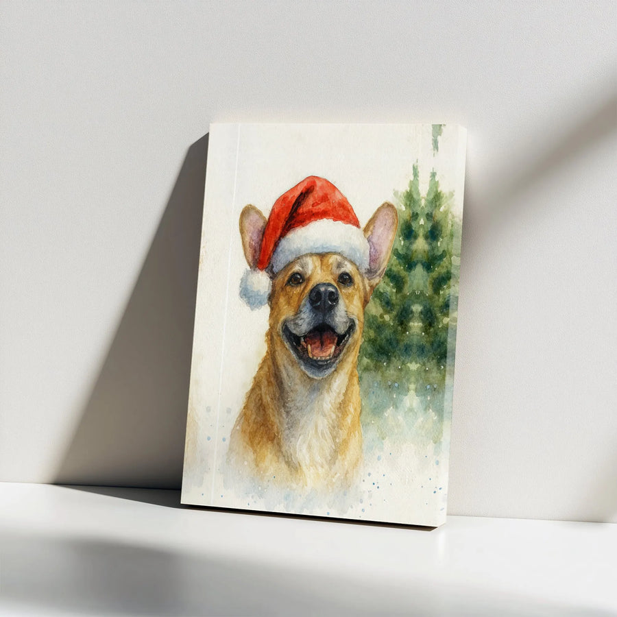 Smiling Dog Canvas Art | Watercolor Christmas Puppy in Santa Hat | Premium 1.25 inch Gallery Wrap | Festive Holiday Home Decor Gift