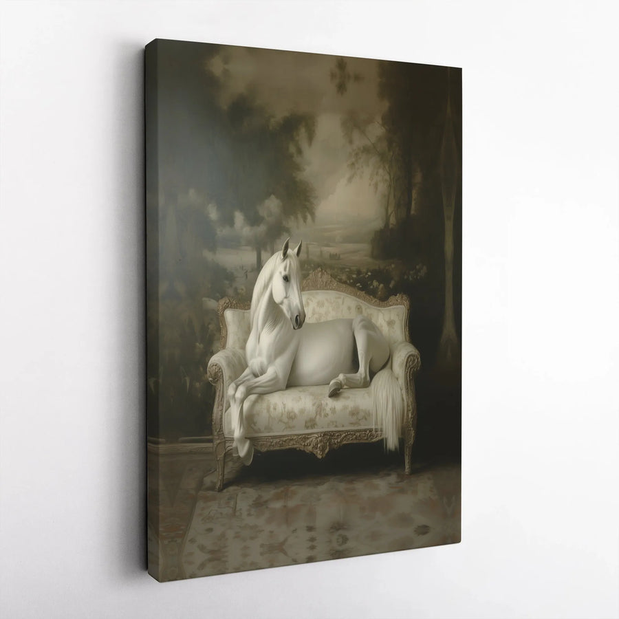 White Horse on Sofa Canvas Print | Surrealist Equine Lounging on Couch | Premium Gallery Wrapped Canvas | Unique Eclectic Home Decor Gift
