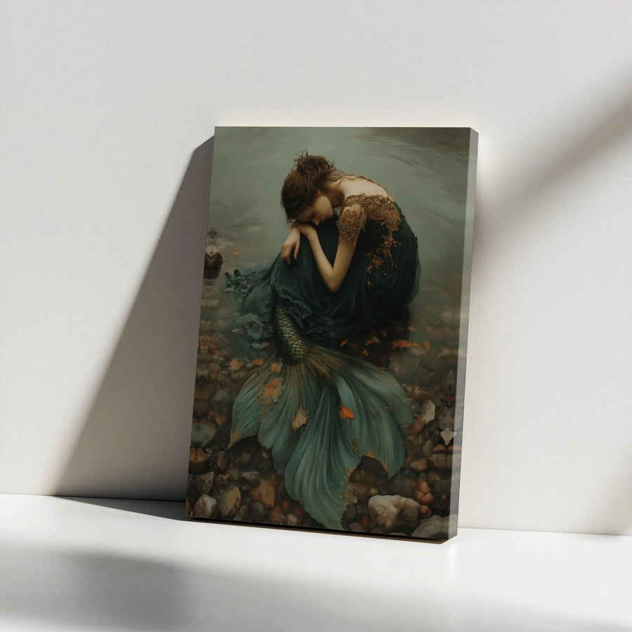 Melancholy Mermaid Wall Art | Fantasy Portrait Canvas Print | Gallery Wrap 1.25" Wooden Frame | Atmospheric Home Decor Gift