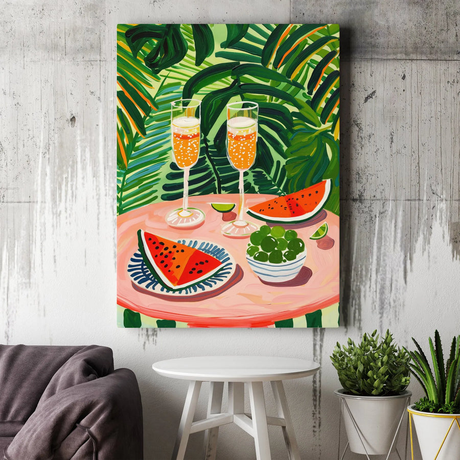 Tropical Brunch Vertical Canvas | Vibrant Watermelon & Champagne Painting | Premium Gallery-Style Wall Art | Modern Kitchen & Dining Room Decor Gift