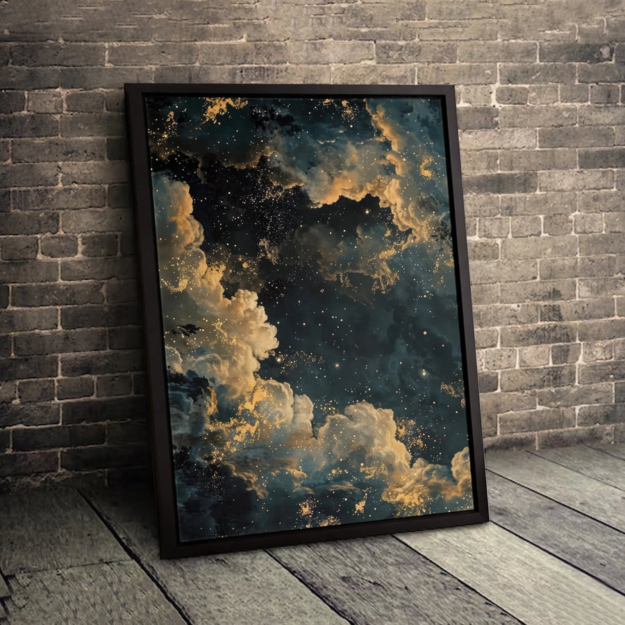 Celestial Night Sky Canvas Wall Art | Golden Nebula Clouds & Stars Print | 1.25 Inch Premium Gallery Wrap | Modern Home Office Decor Gift