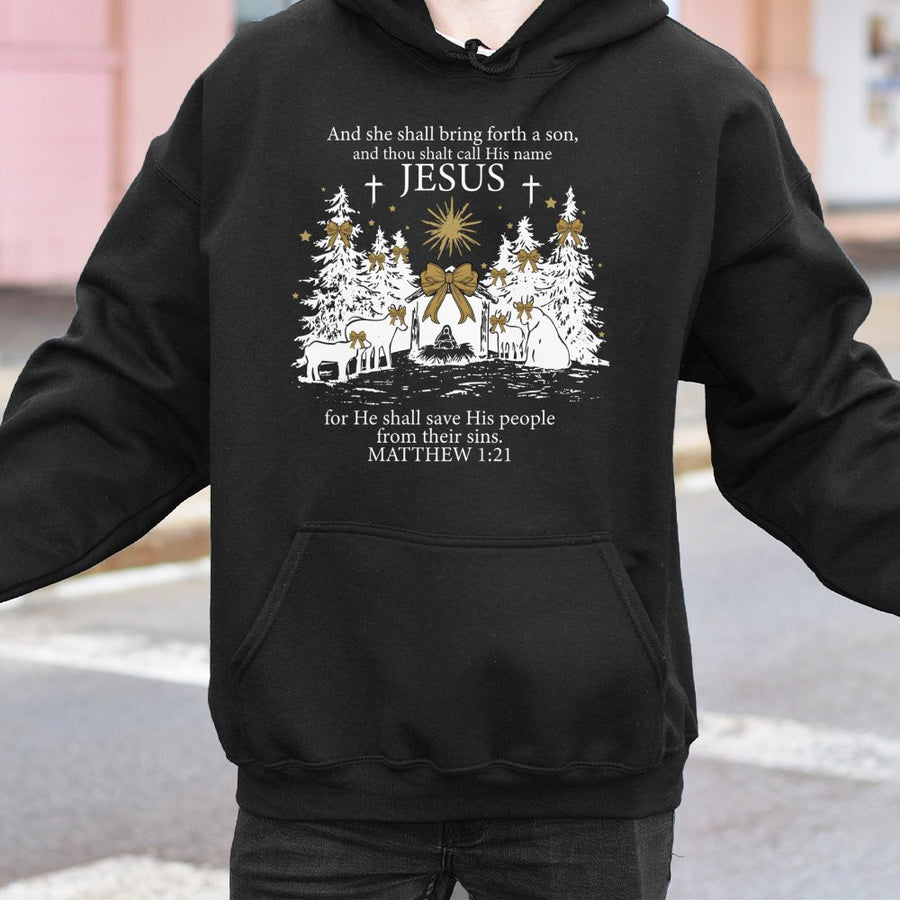 Jesus Christmas Nativity Hoodie | Matthew 1:21 Scripture Design | Cotton-Poly Premium Blend | Religious Holiday Gift for Christians