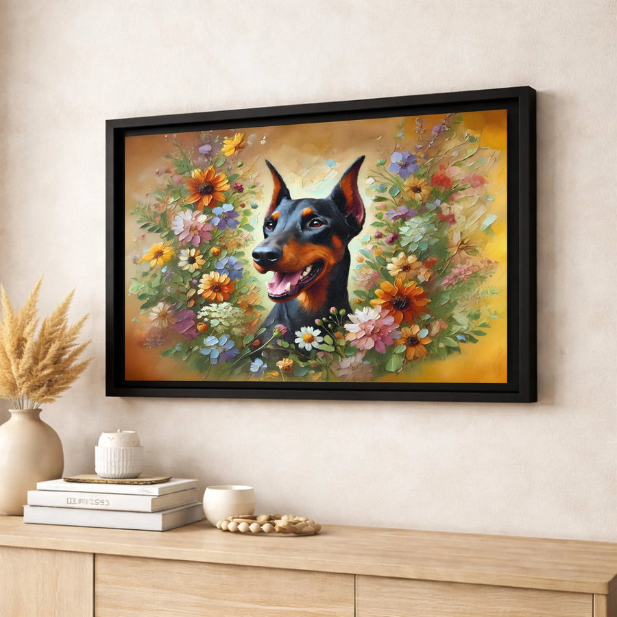 Doberman Pinscher Canvas Wall Art | Colorful Wildflower Floral Portrait | Premium 1.25 Inch Gallery Wrap | Dog Lover Gift Home Decor