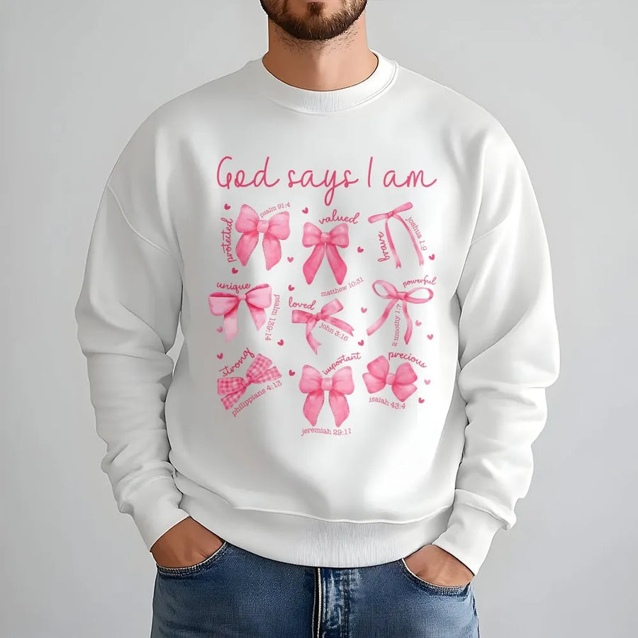 God Says I Am Scripture Sweatshirt | Christian Faith Bible Verse Bow Design | Premium Soft Cotton Blend | Religious Gift for Women and Girls