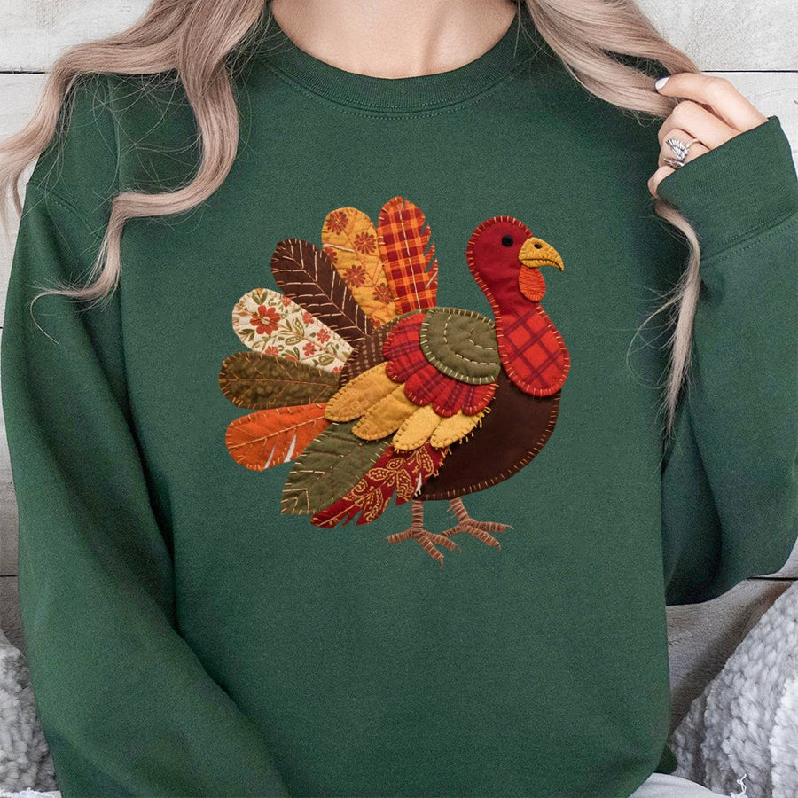 Patchwork Turkey Sweatshirt | Fall Farmhouse Thanksgiving Sweater | Premium Cotton Blend Crewneck | Cute Holiday Gift For Women