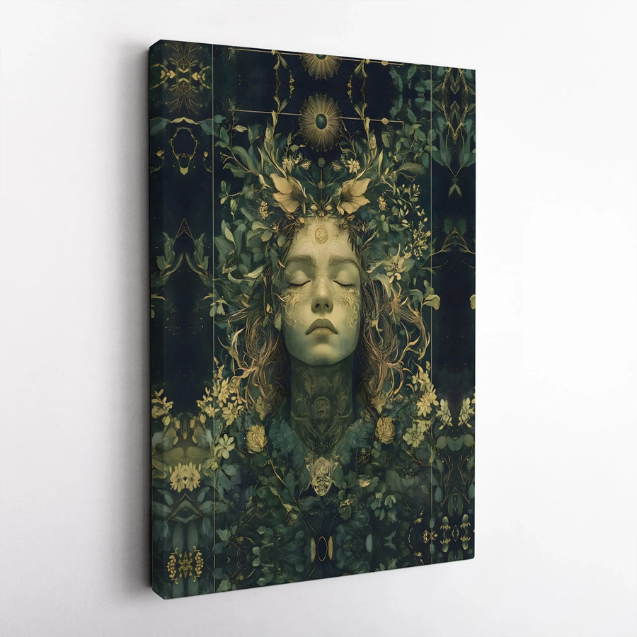 Forest Goddess Wall Art | Mystical Green and Gold Botanical Portrait | Premium Gallery Wrapped Canvas | Spiritual Nature Home Decor Gift