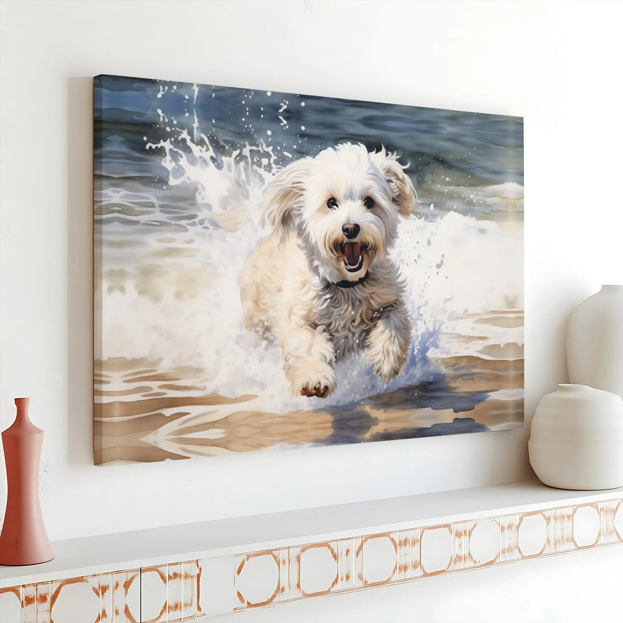 Happy Dog Canvas Print | Watercolor Painting of Dog Running on Beach | Premium Thick Gallery Wrap Art | Coastal Home Decor Gift for Dog Lover