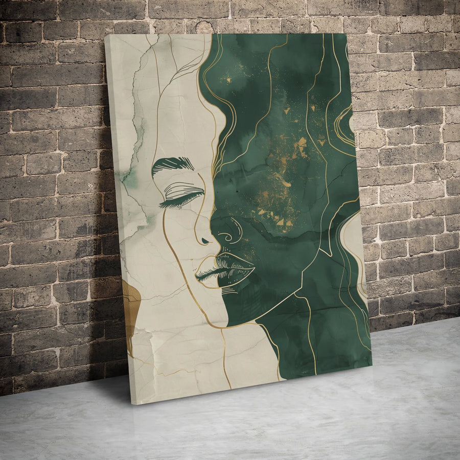 Abstract Woman Face Canvas | Minimalist Gold Line Art | Premium 1.25-inch Gallery Wrap | Modern Emerald Green Home Decor Wall Art