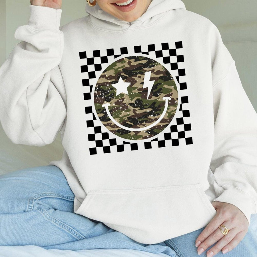 Camo Smiley Face Hoodie | Checkered Print with Lightning Bolt | Premium Cotton Blend | Trendy Streetwear Gift for Women and Men