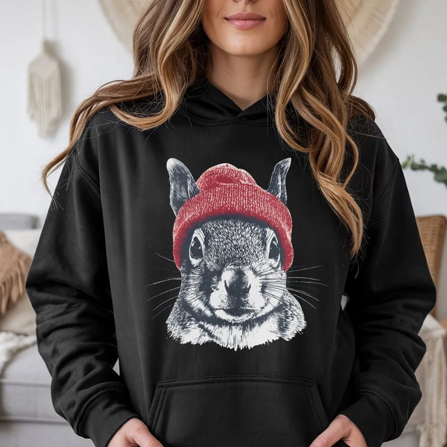 Squirrel Hoodie | Retro Wildlife Art with Red Beanie | Cozy Cotton Blend Pullover | Gift for Animal Lover