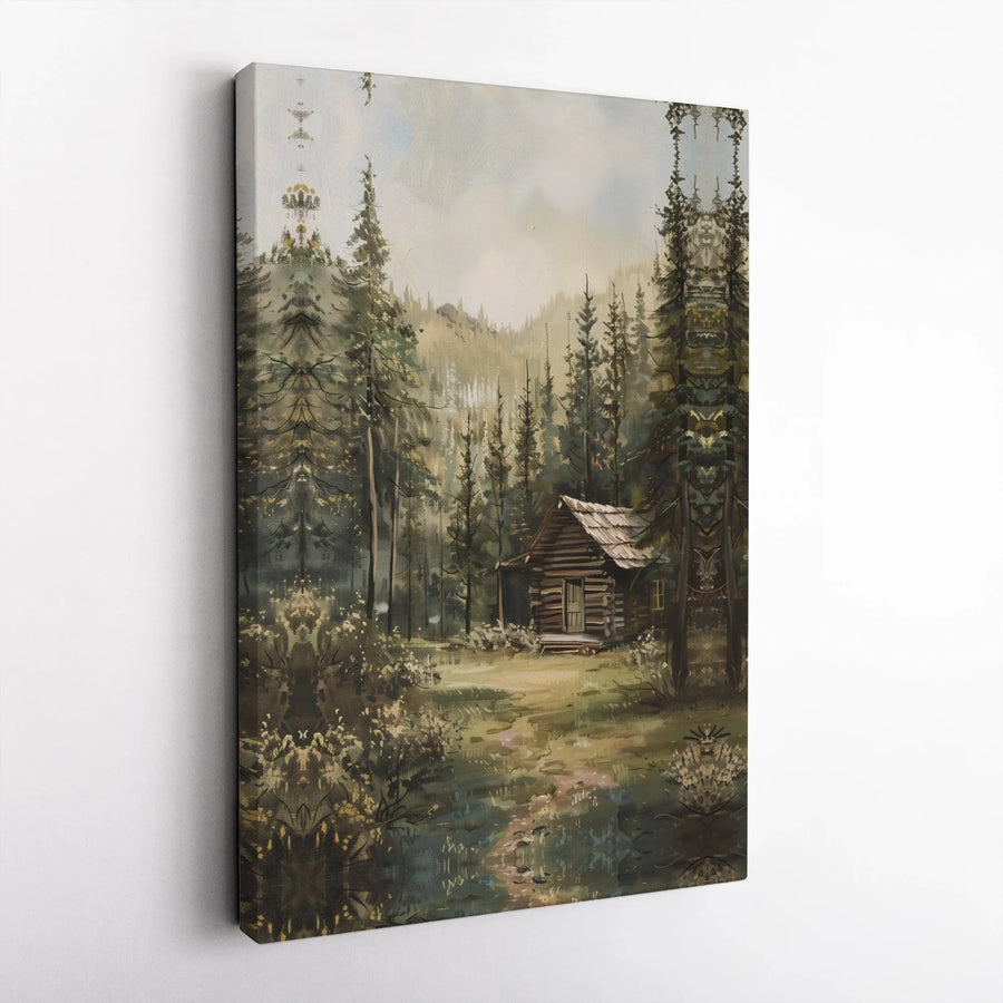 Rustic Log Cabin Canvas Print | Woodland Pine Forest Painting | Premium 1.25-Inch Thick Gallery Wrap | Nature Home Decor Wall Art