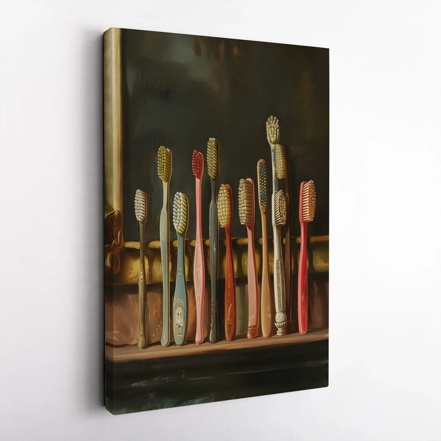 Vintage Toothbrush Still Life Canvas Print | Moody Oil Painting Wall Art | Gallery Quality Decor | Unique Bathroom Gift for Dentist or Home