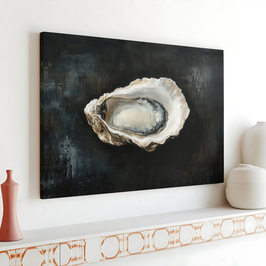 Oyster Shell Canvas Wall Art | Moody Coastal Artwork Print | Premium Stretched Canvas | Kitchen & Dining Room Decor Gift