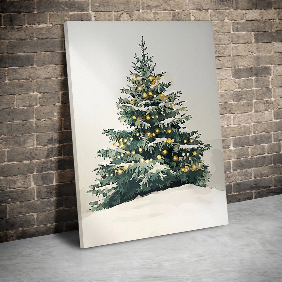 Snowy Christmas Tree Canvas Art | Lit Evergreen Winter Forest Print | Premium Gallery Wrapped Wall Decor | Festive Holiday Home Gift