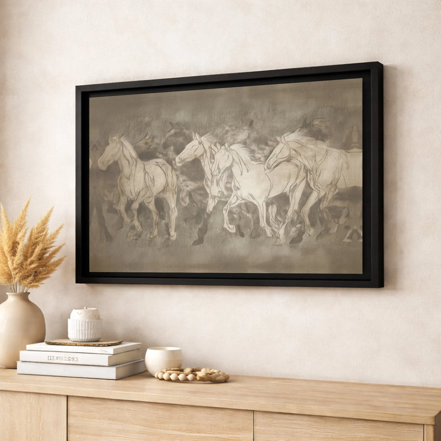 Running Horses Canvas Wall Art | Monochrome Sketch Herd Print | Premium Gallery Wrapped Decor | Modern Farmhouse Living Room Gift