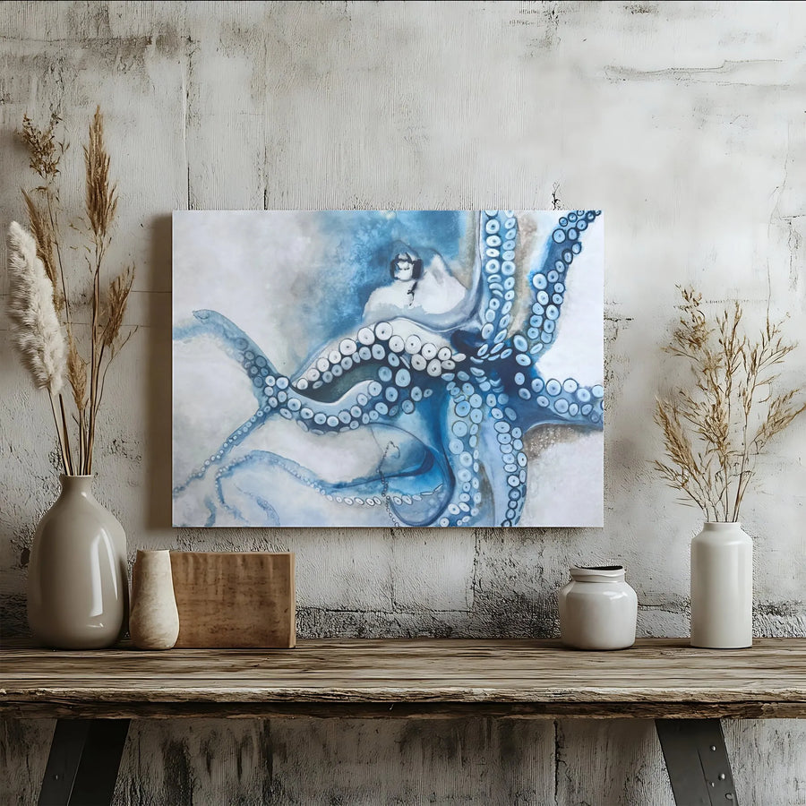 Blue Octopus Canvas Wall Art | Nautical Watercolor Sea Life Print | Gallery-Quality 1.25 Inch Frame | Coastal Decor for Bathroom or Living Room