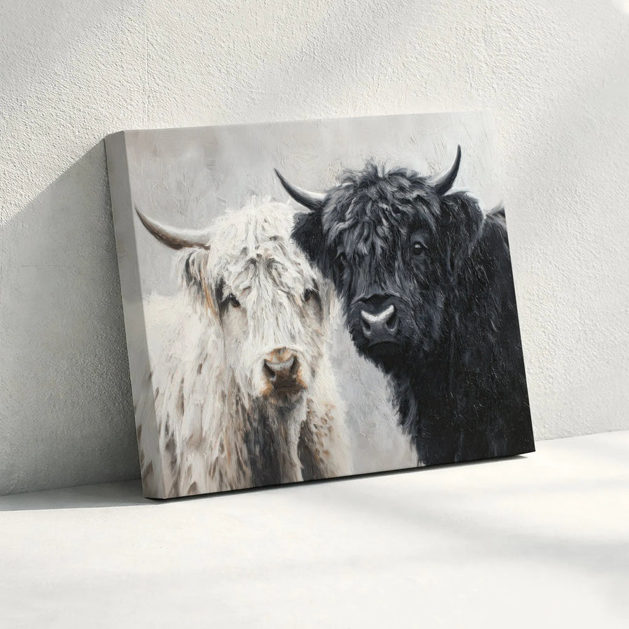 Highland Cow Canvas Wall Art | Black and White Cow Painting Print | Premium Gallery Wrap Canvas | Rustic Farmhouse Wall Decor Gift