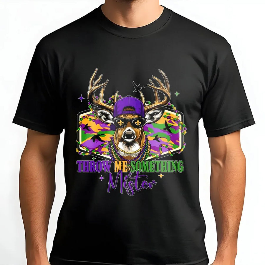 Mardi Gras Deer T-Shirt | Throw Me Something Mister Graphic Tee | Premium Cotton Hunting Humor Apparel | New Orleans Festival Gift for Him or Her