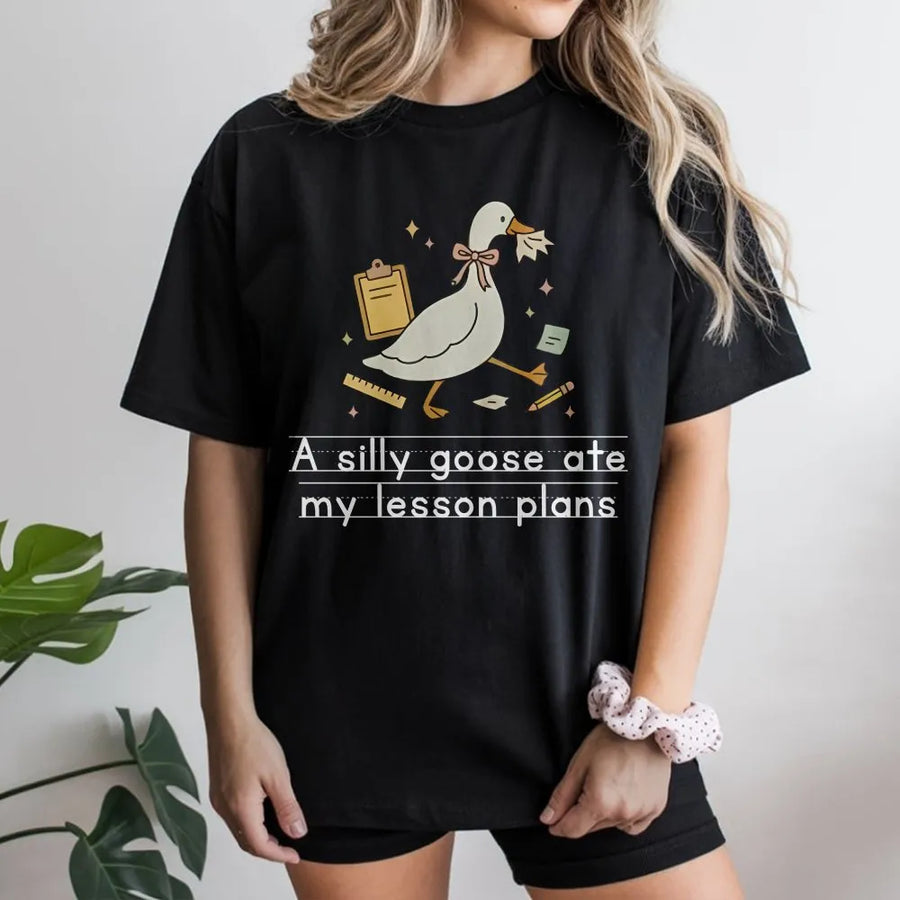 Silly Goose Teacher T-Shirt | Funny 'Ate My Lesson Plans' Graphic | Cozy Unisex Crewneck | Back to School & Appreciation Gift for Teachers