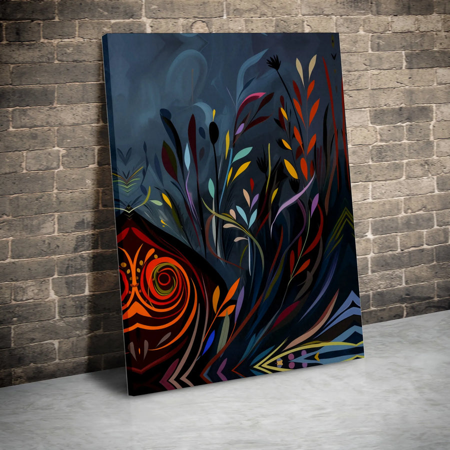Abstract Botanical Wall Art | Vibrant Night Garden Canvas Print | Premium Gallery Wrap | Modern Living Room Decor Gift