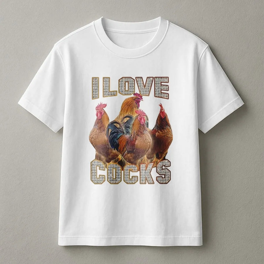 I Love Cocks Rooster T-Shirt | Funny Farm Animal Meme Graphic | 100% Cotton Premium Apparel | Hilarious Gift for Chicken Enthusiasts