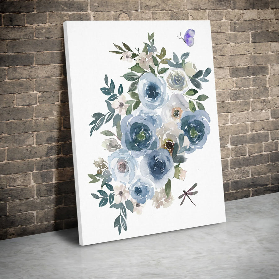 Watercolor Blue Floral Canvas Print | Botanical Butterfly & Dragonfly Art | 1.25 Inch Gallery Wrap | Elegant Home Decor Wall Art