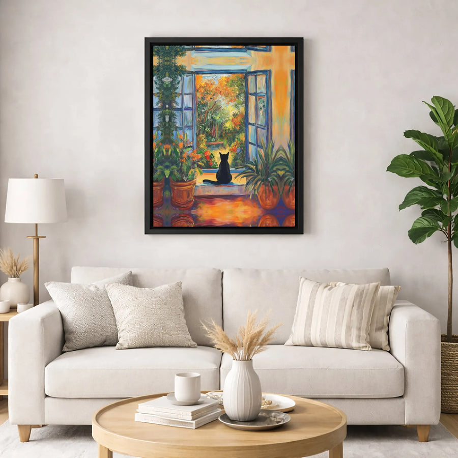Black Cat Wall Art | Impressionist Garden Windowsill Painting | Gallery-Quality 1.25" Canvas | Premium Cat Lover Gift