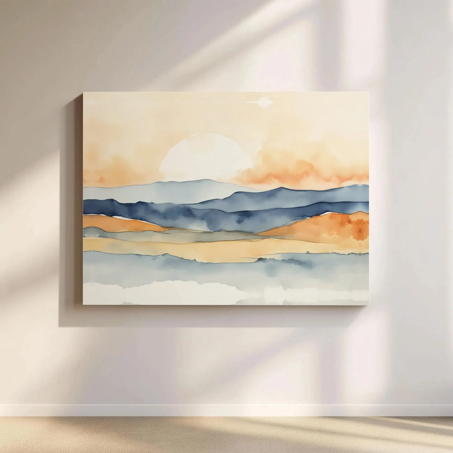 Abstract Landscape Canvas Wall Art | Watercolor Sunset Mountain Range | Premium Gallery Wrapped Canvas | Modern Living Room Decor Gift