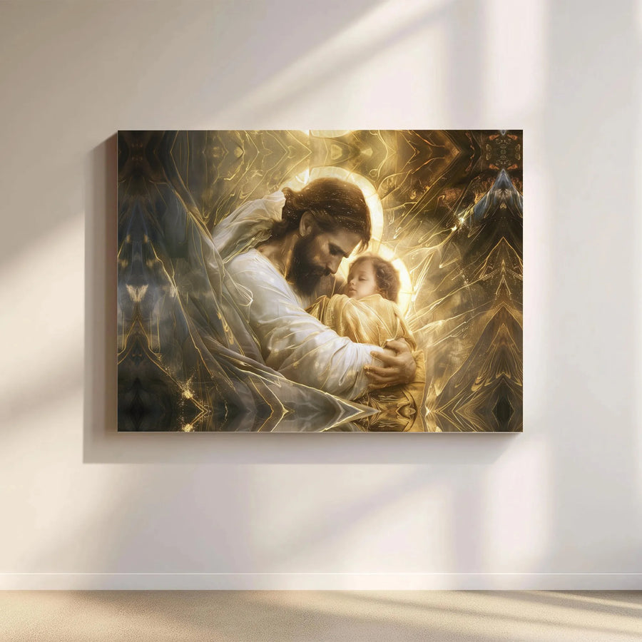 Jesus Holding Baby Canvas Art | Golden Light Religious Wall Decor | Premium Fade-Resistant Print | Spiritual Gift for Nursery or Home
