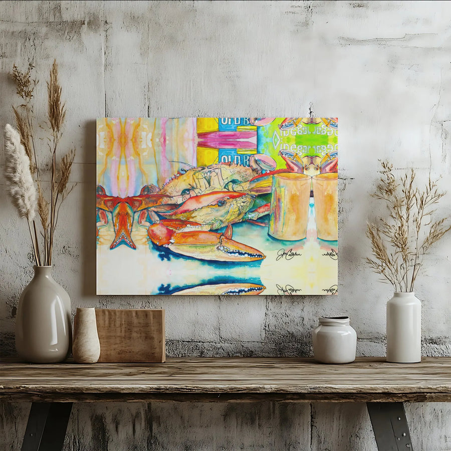 Abstract Crab Watercolor Canvas Print | Coastal Kitchen Wall Art | 1.25” Thick Gallery Wrap | Unique Seafood Lover Gift Decor