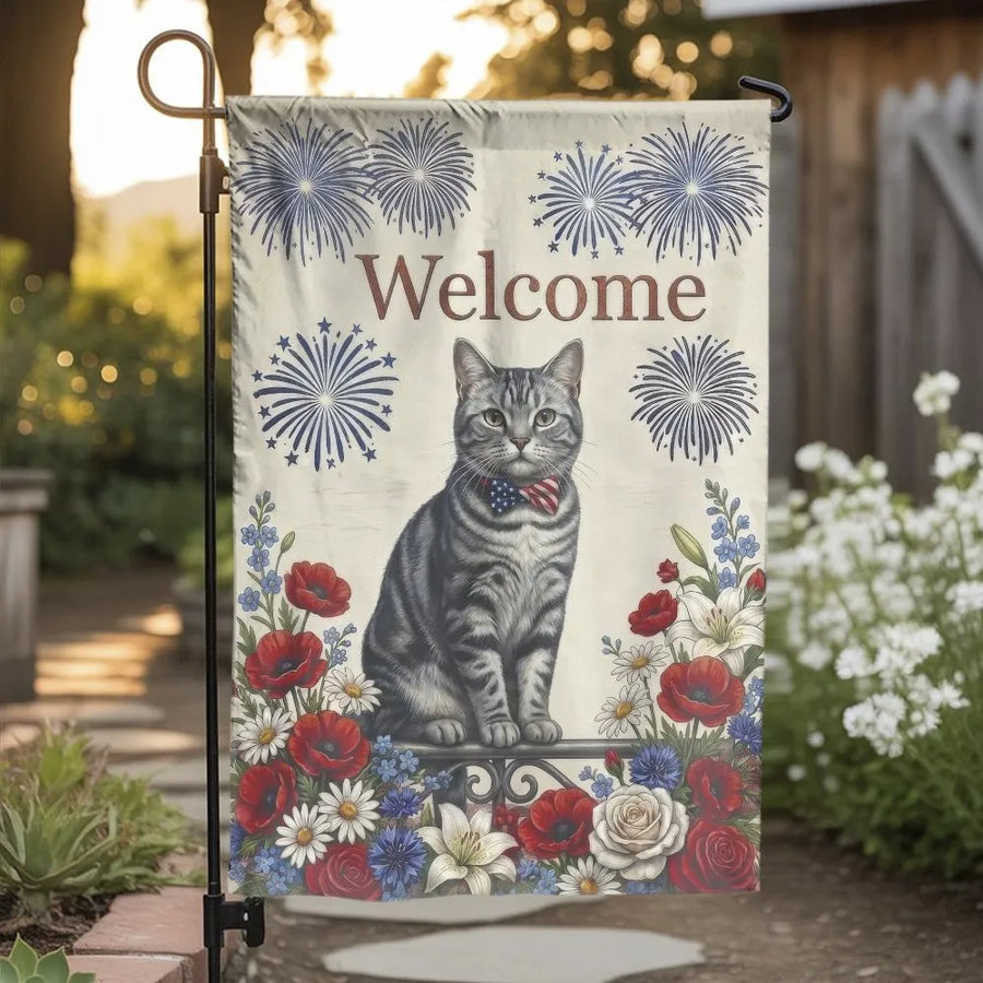 Patriotic Cat Garden Flag | Tabby Cat Welcome Sign with Fireworks | Double-Sided Polyester | 4th of July Yard Decor Gift for Cat Lover