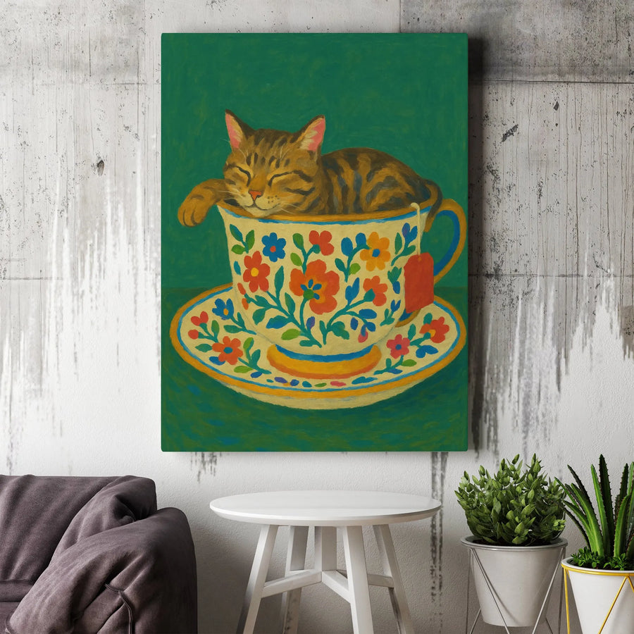 Sleeping Tabby Cat In A Floral Teacup Canvas | Whimsical Pet Wall Art | Premium Gallery Wrapped Print | Cute Animal Lover Home Decor Gift