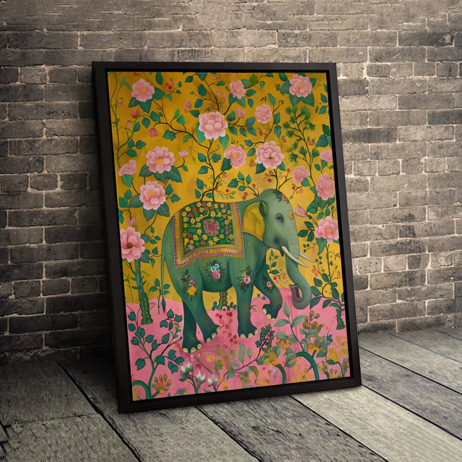 Indian Elephant Canvas Wall Art | Floral Folk Art Decor | Premium Fade-Resistant Print | Bohemian Home Office Gift