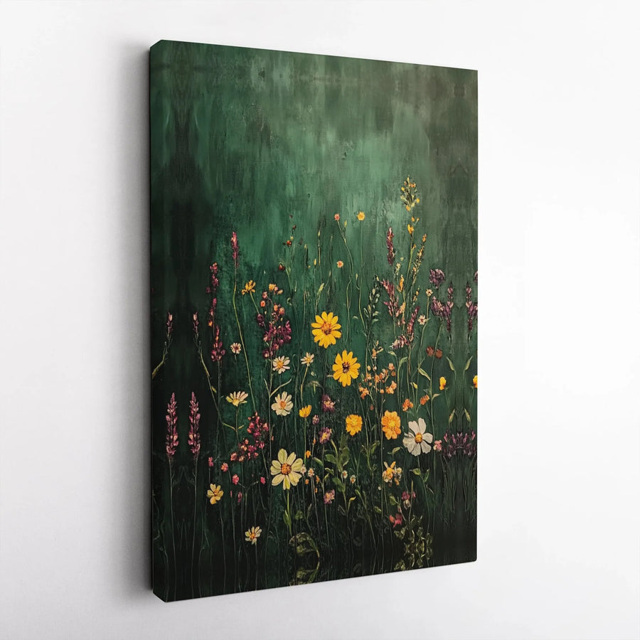 Wildflower Meadow Canvas Print | Moody Dark Green Botanical Wall Art | Premium Gallery Wrap Decor | Ready to Hang Floral Painting Gift