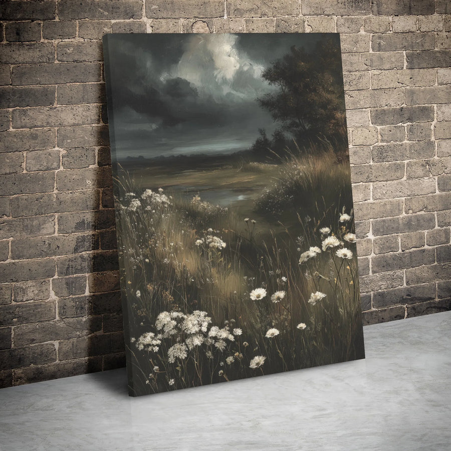 Moody Landscape Wall Art | Stormy Meadow With White Wildflowers | Premium Gallery Wrapped Canvas | Dark Academia Home Decor