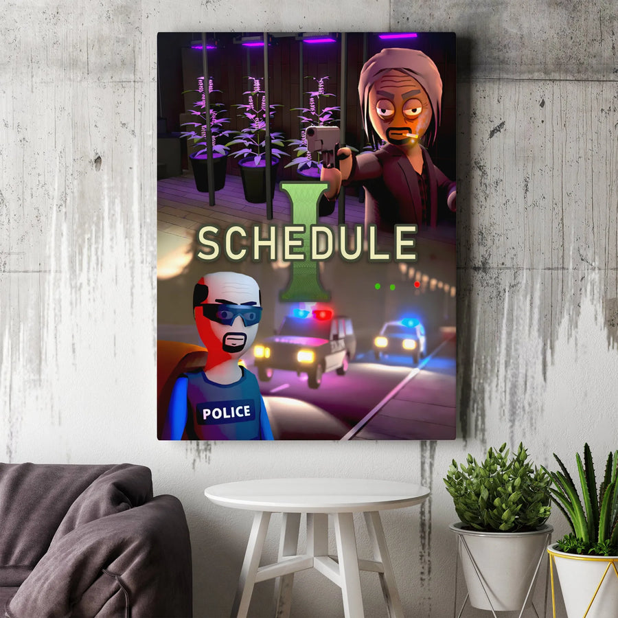 Schedule I Cannabis Art Canvas | Cartoon Police Grow Op Scene | Premium Gallery Wrap Wall Decor | Edgy Stoner Gift for Office