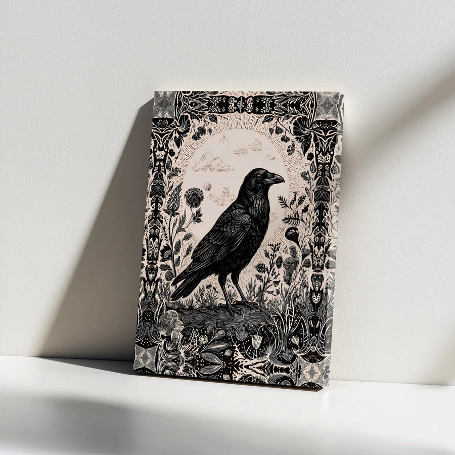 Gothic Raven Canvas Wall Art | Vintage Woodcut Style Illustration | Premium High-Resolution Print | Dark Academia Home Decor Gift