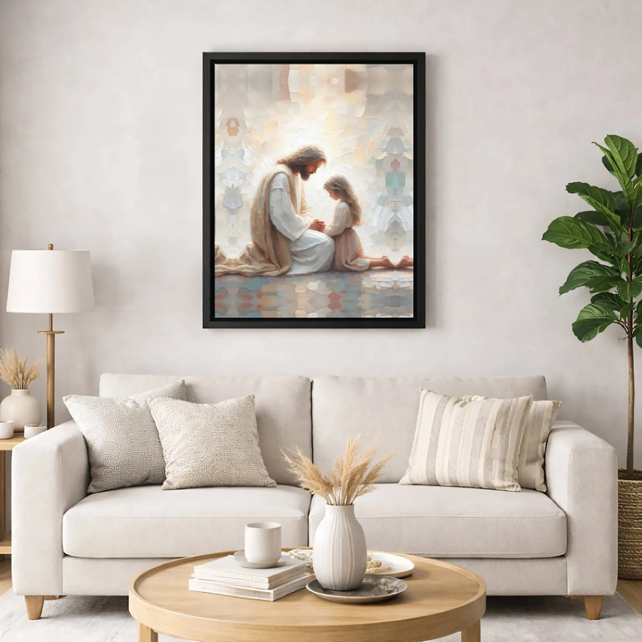 Jesus Praying With Child Canvas Print | Religious Wall Art Painting | Premium Gallery Wrapped Decor | Christian Gift for Nursery or Home