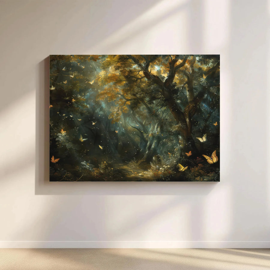 Enchanted Forest Canvas Wall Art | Mystical Woods with Glowing Butterflies | Premium Fade-Resistant Print | Moody Woodland Landscape for Living Room Decor