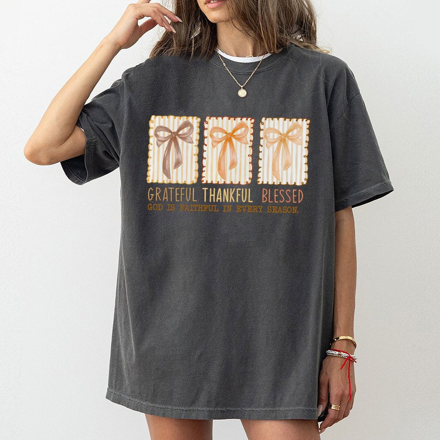 Grateful Thankful Blessed T-Shirt | Coquette Bow Graphic Tee | Premium 100% Cotton | Fall Faith Christian Gift for Women