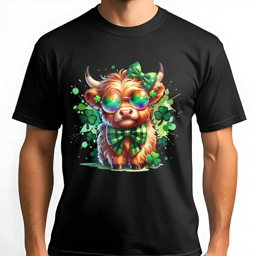 St. Patrick’s Day Highland Cow T-Shirt | Funny Irish Shamrock Graphic Tee | Premium Cotton Soft Shirt | Cute Farm Animal Gift for Women Men