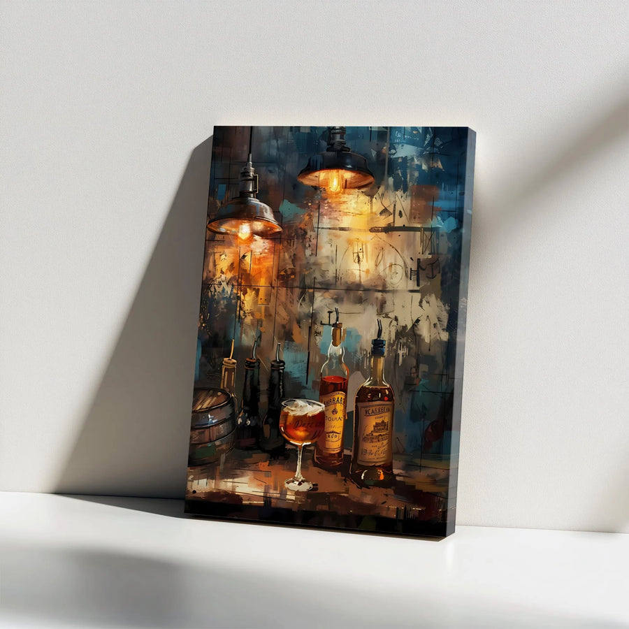 Rustic Whiskey Bar Canvas Print | Abstract Distillery Wall Art | Premium 1.25" Gallery Wrap | Industrial Home Decor Gift for Him