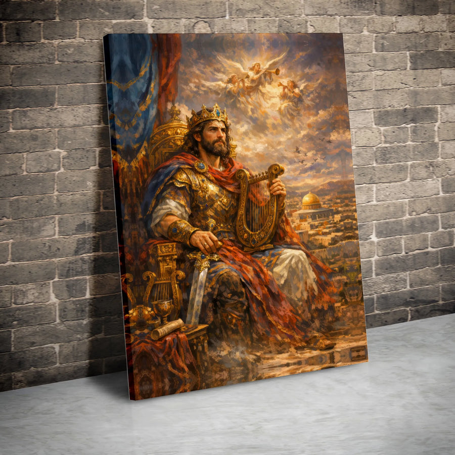 King David Canvas Wall Art | David Playing Harp on Throne Print | Premium Christian Art | Religious Home Decor Gift for Men