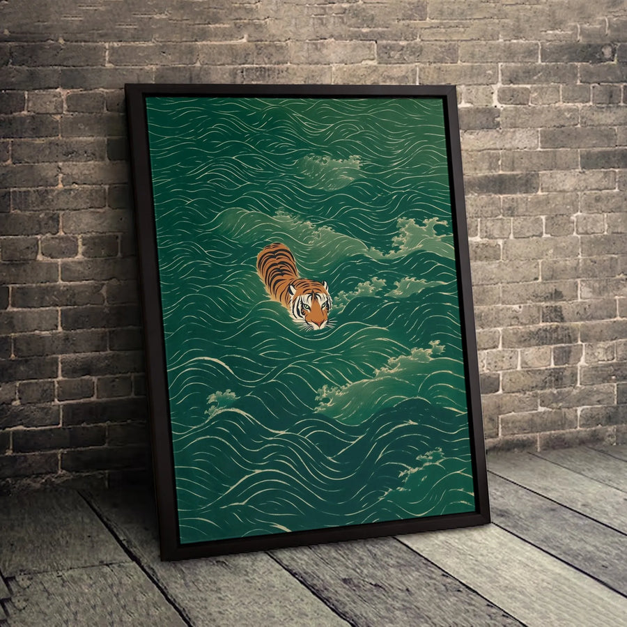 Japanese Tiger Wall Art | Swimming Tiger in Green Ocean Waves | Premium Framed Gallery Canvas | Nature Home Decor Gift for Animal Lovers