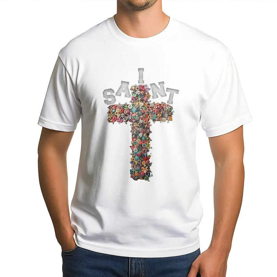 Y2K Saint Cross T-Shirt | Colorful Button Graphic Crewneck | Premium Cotton Blend | Unisex Christian Streetwear Gift