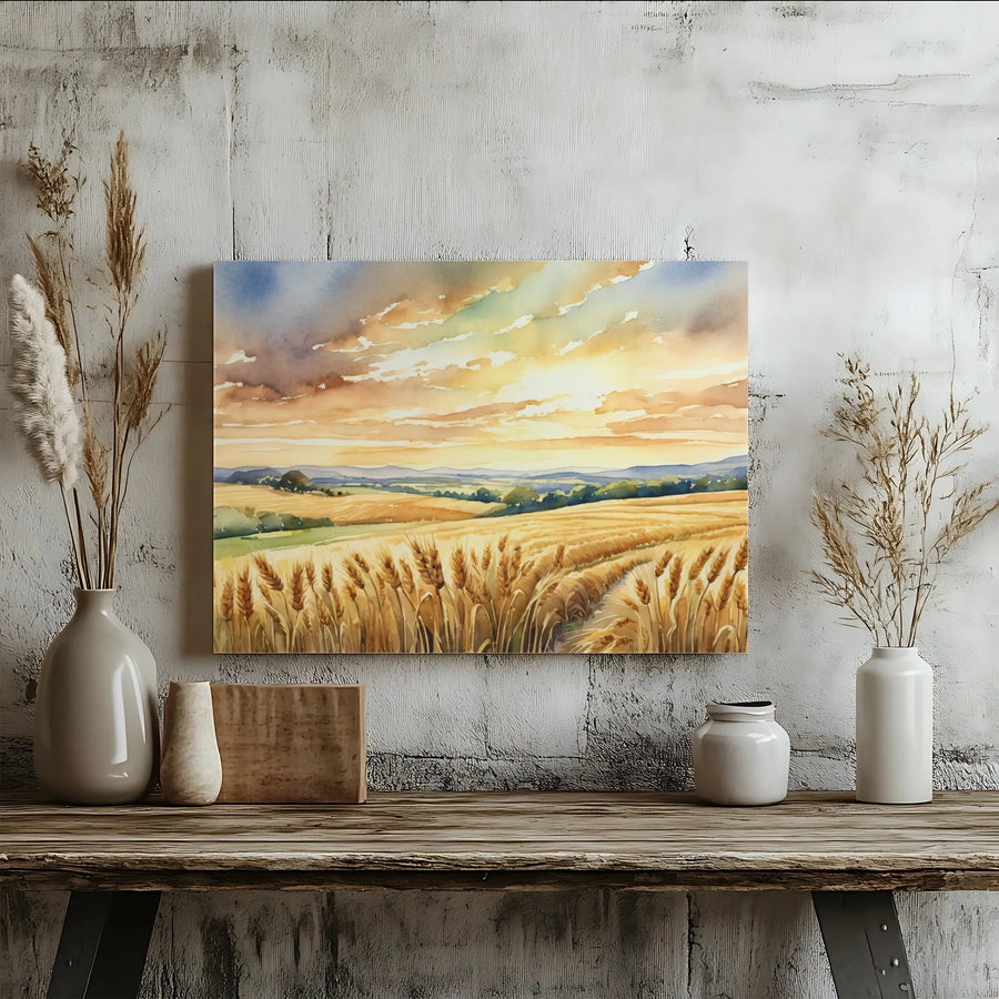 Golden Wheat Field Canvas Print | Watercolor Sunset Farmhouse Wall Art | Premium Gallery Wrap Decor | Farmhouse Aesthetic Gift for Living Room